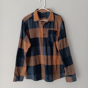 Ocean Current Flannel Plaid Button Down Shirt Cotton Blend Orange Tan Blue XL